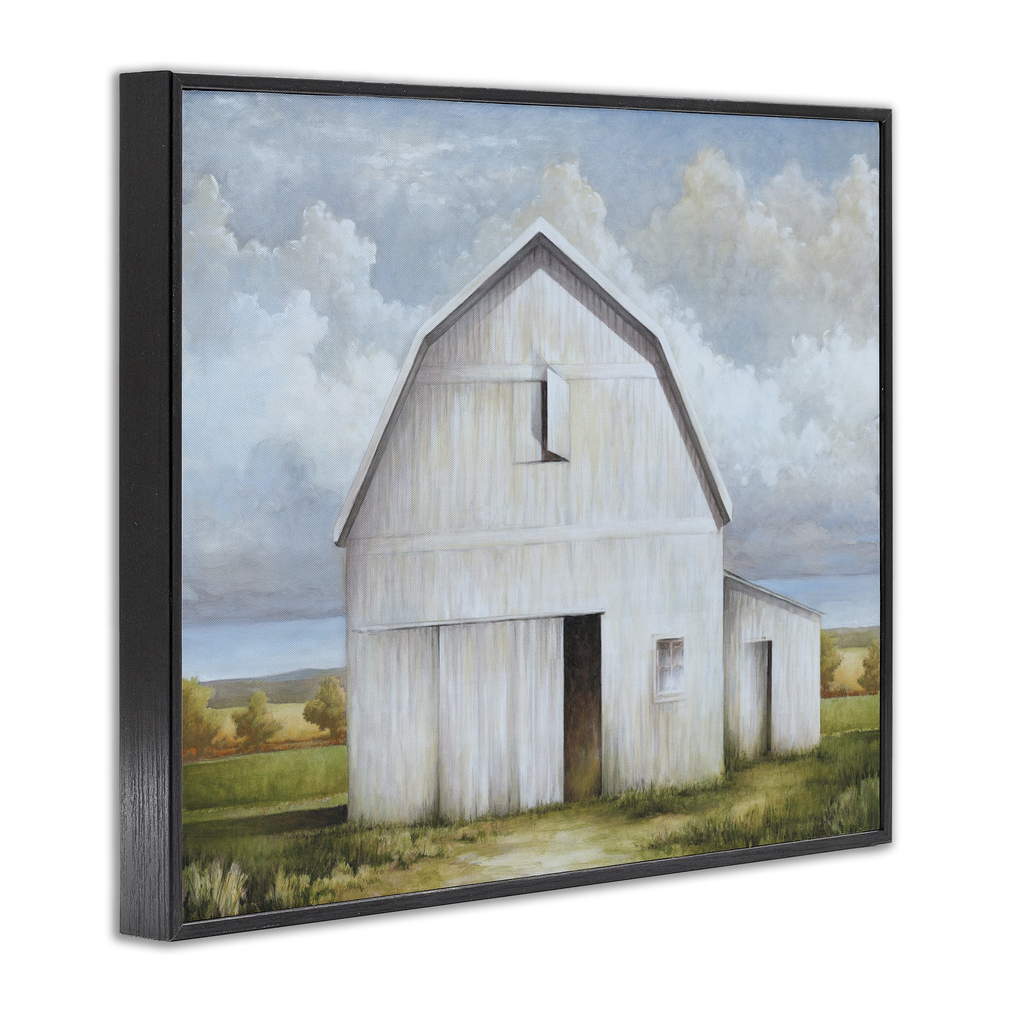 Stupell Industries White Barn with Clouds Landscape Painting Black Framed Art Print Wall Art, 20 x 16
