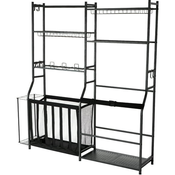 KFFKFF Golf Gear Organizer, Dual Golf Bag Stand & Sports Equipment Storage Rack, Outdoor Metal Ball Trolley, Athletic Gear Shelving with Bins & Hooks, Black