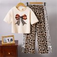 thumbnail image 2 of Glisme 2 Pcs Girls Outfit Bowknot Tee Shirts And Leopard Print Waist Wide Leg Pants Set Trend Clothing Set For Girl Size 8-9 Years, Beige, 2 of 9