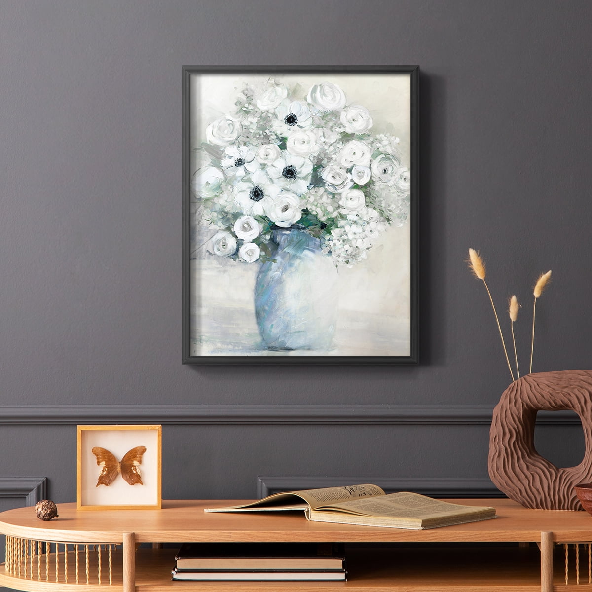 White Anemone Bouquet Framed Print in Black Solid Wood 8 x 10 Framed Print