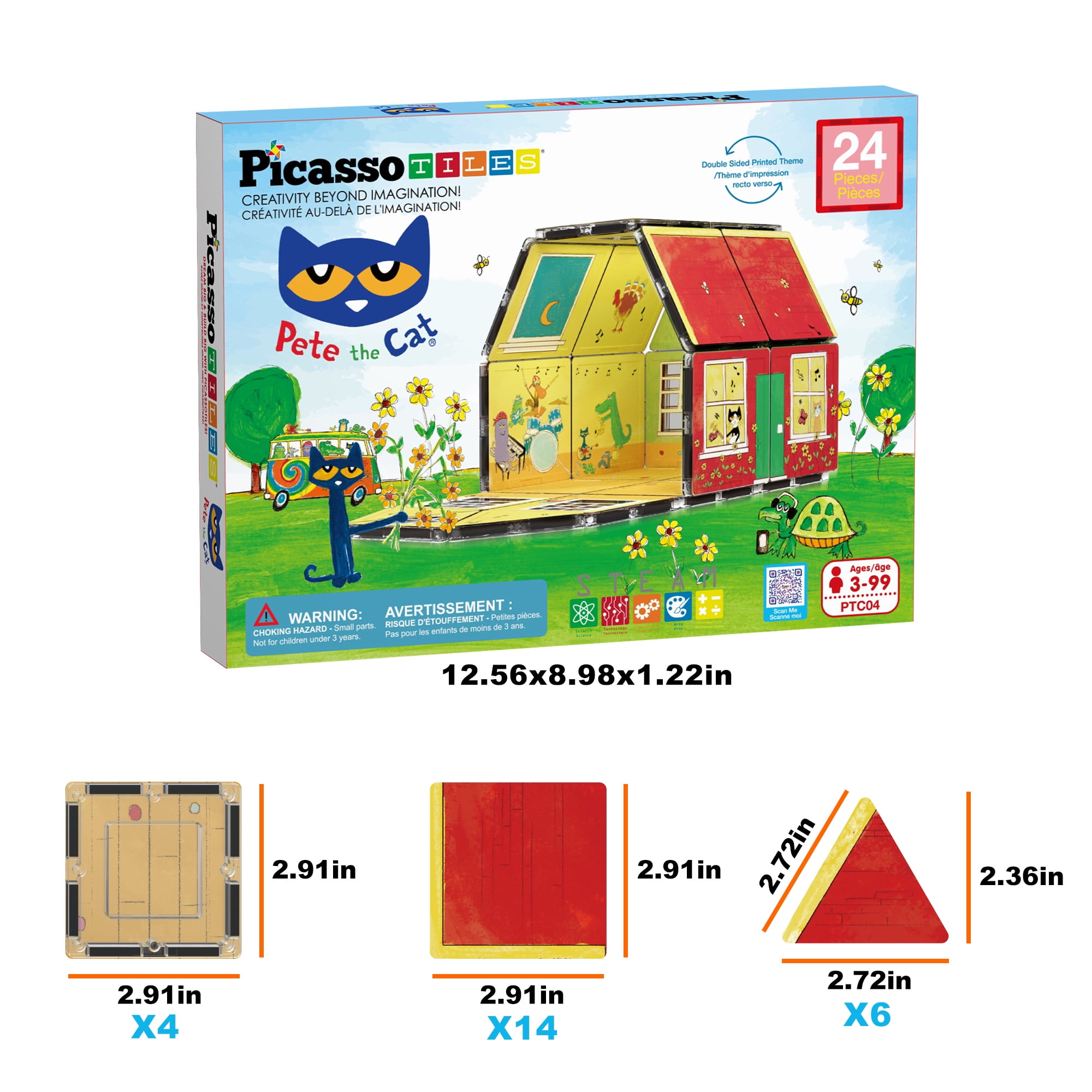 PicassoTiles Pete The Cat Magnetic Tiles, Home Theme Building Blocks with Double-Sided Printing, STEM Educational Toy for Toddlers Boys & Girls 3+