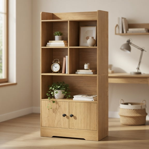 Resenkos 4 Tiers Bookcase with 4 Cubes Display Shelf and 2 Doors, Multi Functional Storage Unit for Living Room, Study, Natural