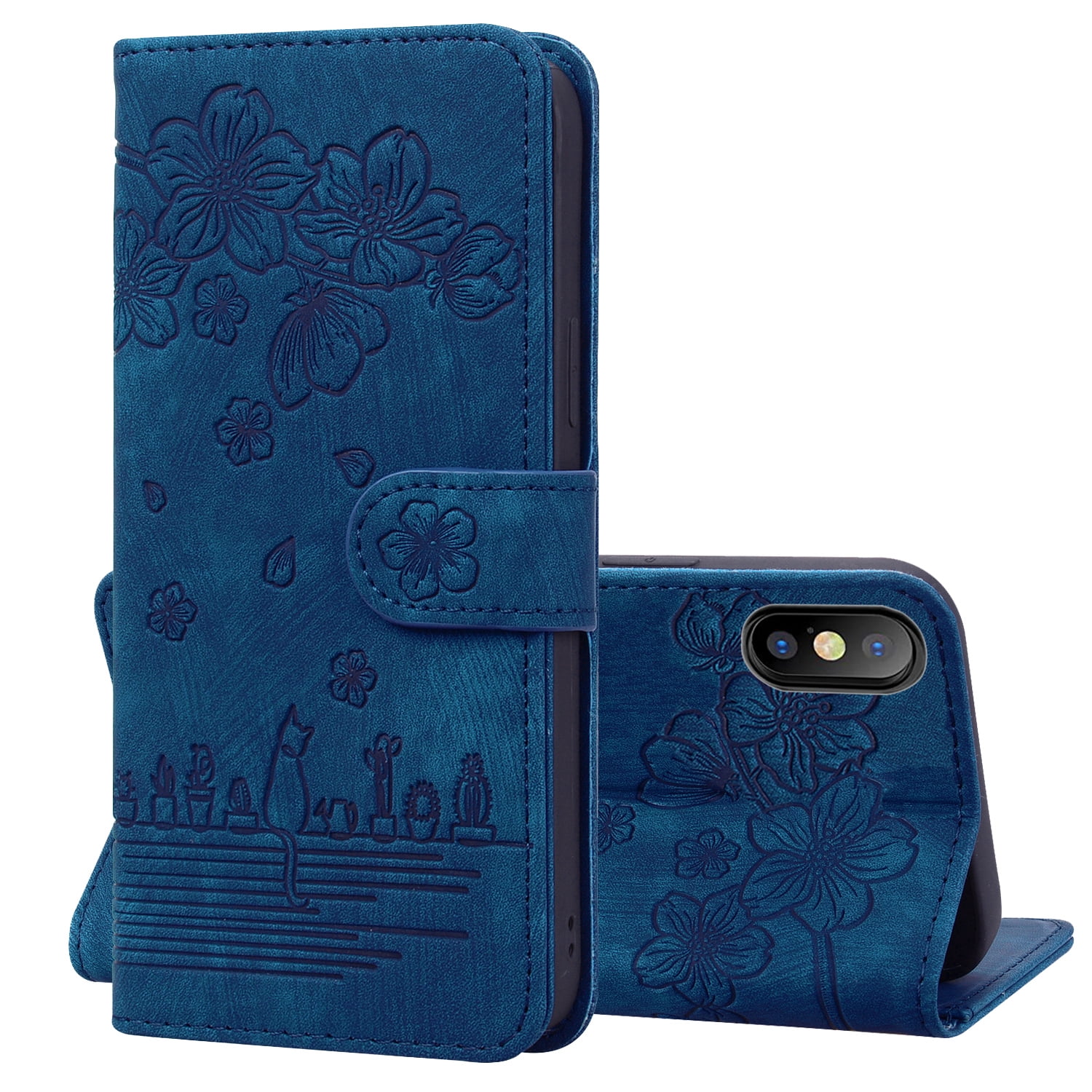 PU Leather Purse Cover for iPhone XS Max, Flower Embossed Flip Folio Wallet Case with Card Slots Card Holder Built-in Kickstand and Magnetic Clasp Protective Case for iPhone XS Max(6.5 inch),Blue