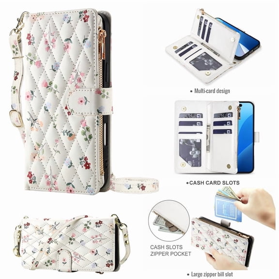 Tianyeda for Samsung Galaxy S24 Case Wallet Card Holder Zipper Leather Flip Cover Crossbody Wrist Strap with Stand A1