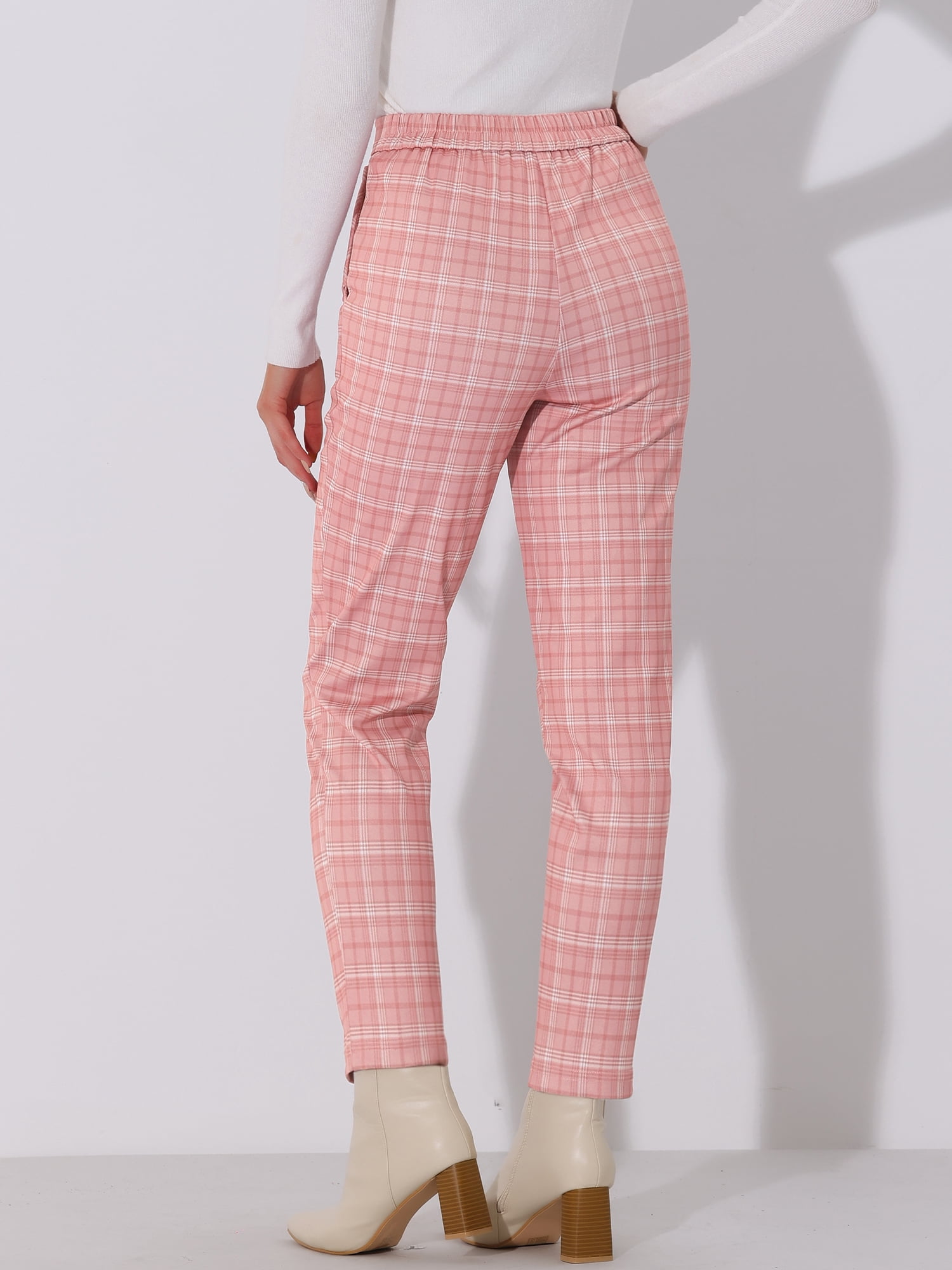 DARING DIVA Women's Tartan Plaid Pants Elastic Waist Straight Trousers M Pink