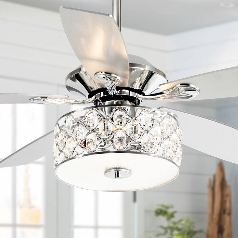 Parrot Uncle 52 Modern 4 Light Chandelier Crystal Ceiling Fan With Remote Chrome Satin Com