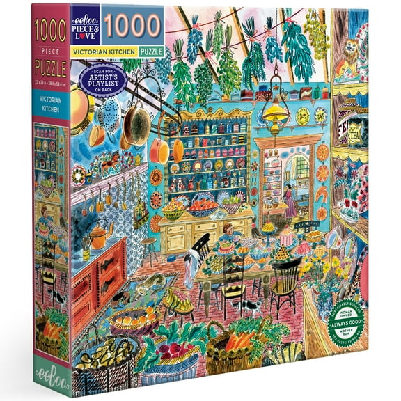 eeBoo Piece & Love: Victorian Kitchen - 1000 Piece Puzzle - 23" Square Adult Jigsaw, Emily Sutton’s Cozy 19th-Century Baking Scene, Eco-Friendly