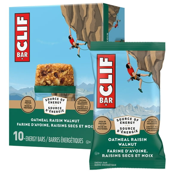 Barres énergétiques CLIF BAR Avoine, raisins secs et noix ut, teneur élevée en protéines, contiennent 70 % d’ingrédients biologiques, (Emballage de 10) 680 g