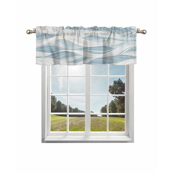White Blue Ombre Stripe Kitchen Curtain Valances for Windows Farmhouse Short Curtains, Modern Abstract Moire Waves Rod Pocket Valance Curtain for Bedroom Cafe Living Room 60"x14"