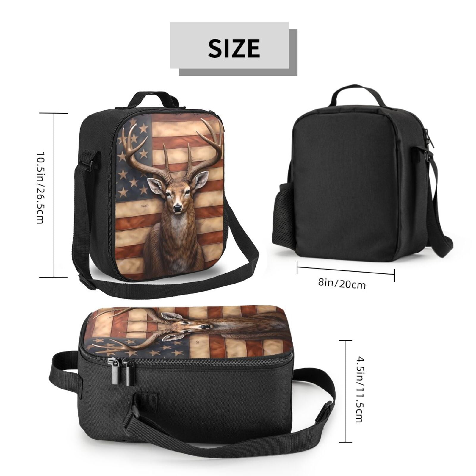 Defioc Deer American Flag Wall Print Lunch Box for Men & Women, Insulated Lunch Bag Thickened Thermal Leakproof Lunch Tote Bag for Adult Office Travel Picnic