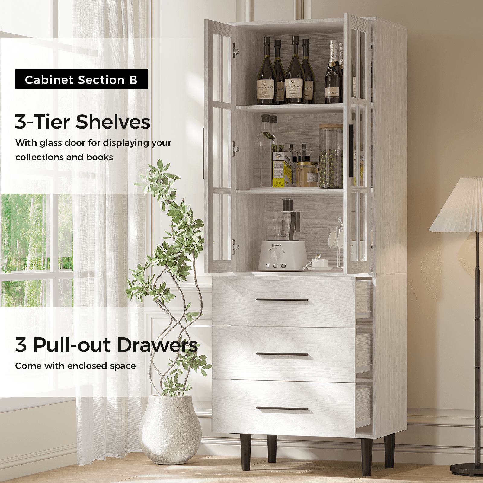 RichYa 3Pcs Bookcases with Doors,5-Tier Bookshelves with Storage Cabinet,Combination Display Cabinets for Home Office,White(AAA)
