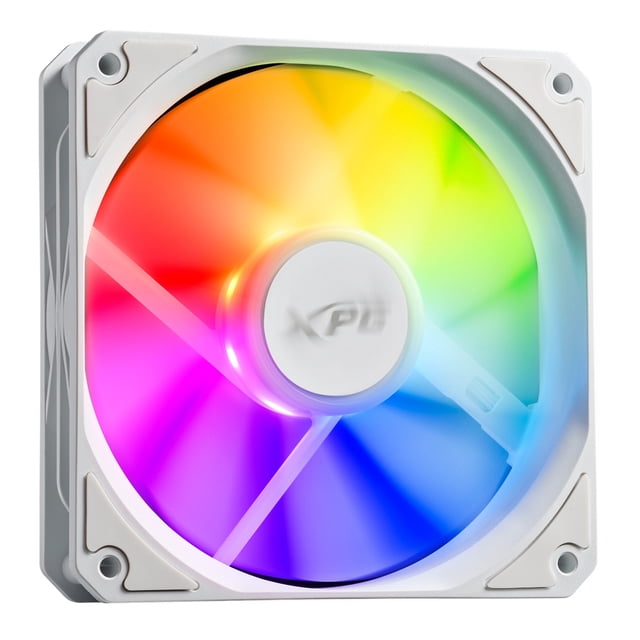 ventilador xpg vento r 120 pwm 1600rpm Ventilador XPG VENTO R 120 ARGB blanco, vista frontal centrada de 120 mm con aspas translúcidas iluminadas en ARGB alrededor del hub con logo XPG; conector PWM de 4 pines y 1600 RPM, marco blanco con esquinas atornilladas y ranuras para entrada de aire; ideal para añadir iluminación personalizable en cajas de PC.