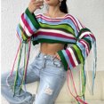 thumbnail image 5 of TFEOQRY Pullover Sweater for Women Loose Striped Sexy Knitwear Long Sleeved Round Neck Sweater Top Blue, 5 of 5