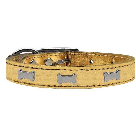 Silver Bone Widget Genuine Metallic Leather Dog Collar Gold 26