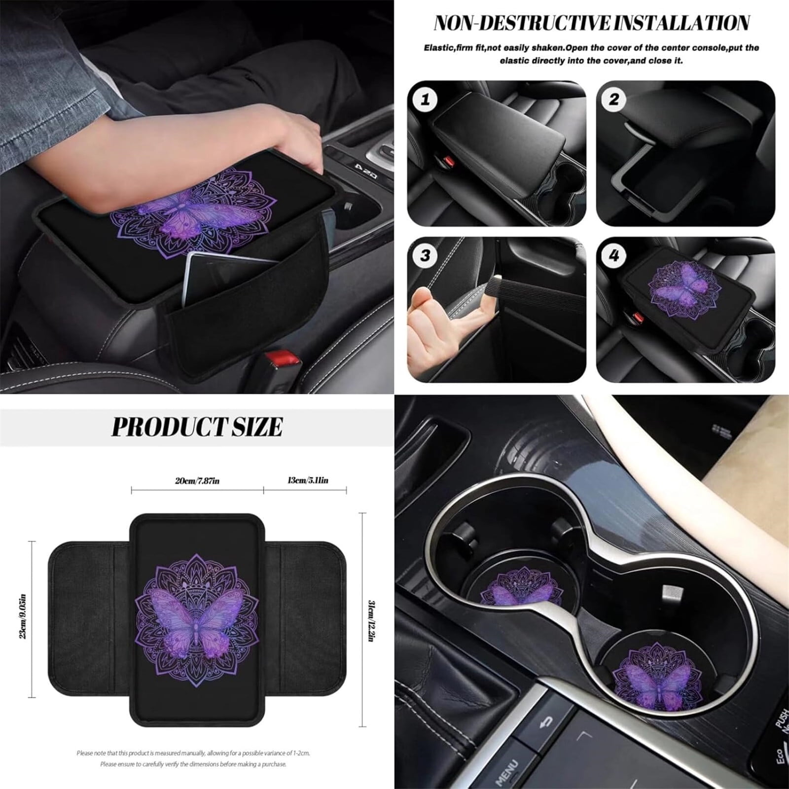 Yuyamidu 12 PCS Car Accessories Purple Butterfly Front Car Seat Covers Set Boho Steering Wheel Seat Belt Covers Armrest Pad Trash Bin Sunglass Pocket Rear View Mirror Cover Cup Coasters Key Chain
