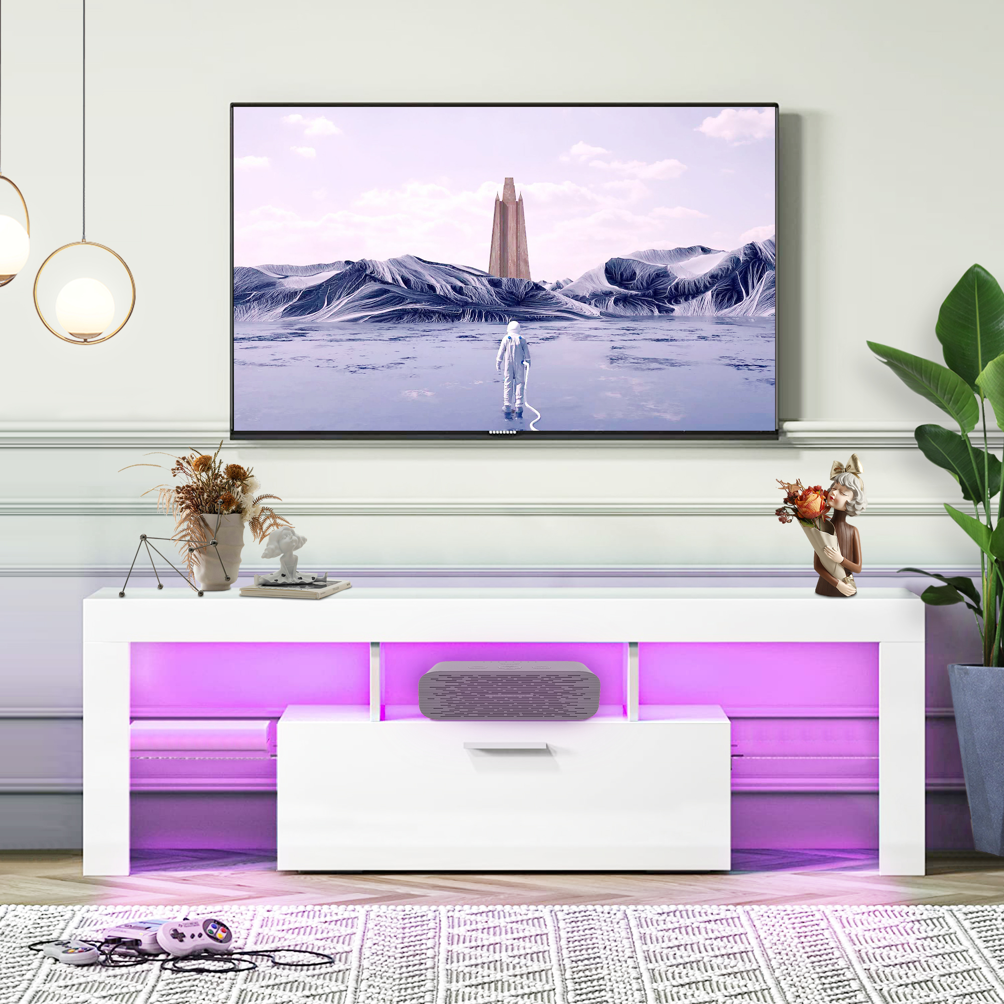 uhomepro TV Stand for TVs up to 55", Living Room Entertainment Center with RGB LED Lights and Storage Shelves Furniture, White High Gloss TV Cabinet Console Table - image 2 of 11