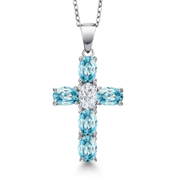Gem Stone King 3.75 Cttw Blue Zircon and White Moissanite Cross Pendant Necklace for Women | 925 Sterling Silver | Gemstone Birthstone | Oval 6X4MM | With 18 inch Chain