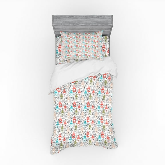 Spring Duvet Cover Set, Flowers with Sketch Bird Houses Ornamental Romantic Composition Singing Animals, Bedding Set with Shams and Fitted Sheet, 3 Sizes, by Ambesonne