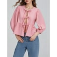 thumbnail image 6 of ZAXARRA Tie Front Tops for Women Puff Sleeve Casual Loose Shirt Cardigan Babydoll Ruffle Hem Blouse Party Club Streetwear, 6 of 8