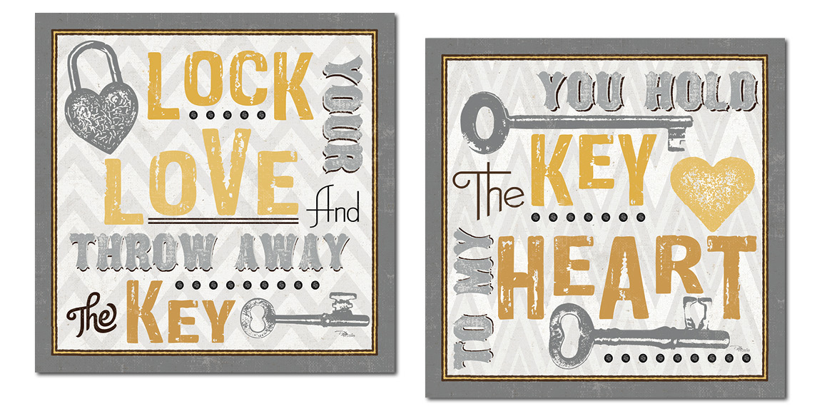 Grey and Yellow "Lock Your Love and Throw Away The Key" and "You Hold The Key to My Heart" Print Set by Pela Studio; Two 12x12in Paper Posters - image 1 of 1