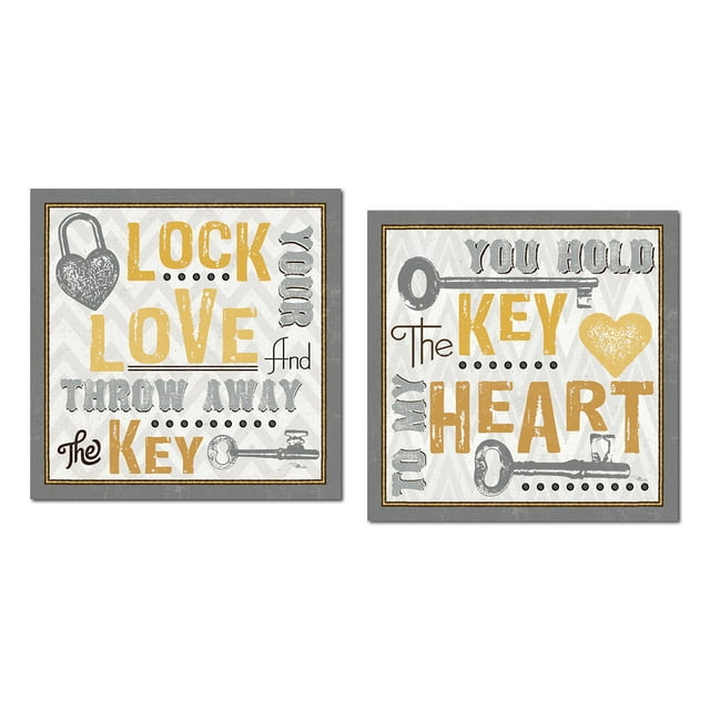 Grey and Yellow "Lock Your Love and Throw Away The Key" and "You Hold The Key to My Heart" Print Set by Pela Studio; Two 12x12in Paper Posters