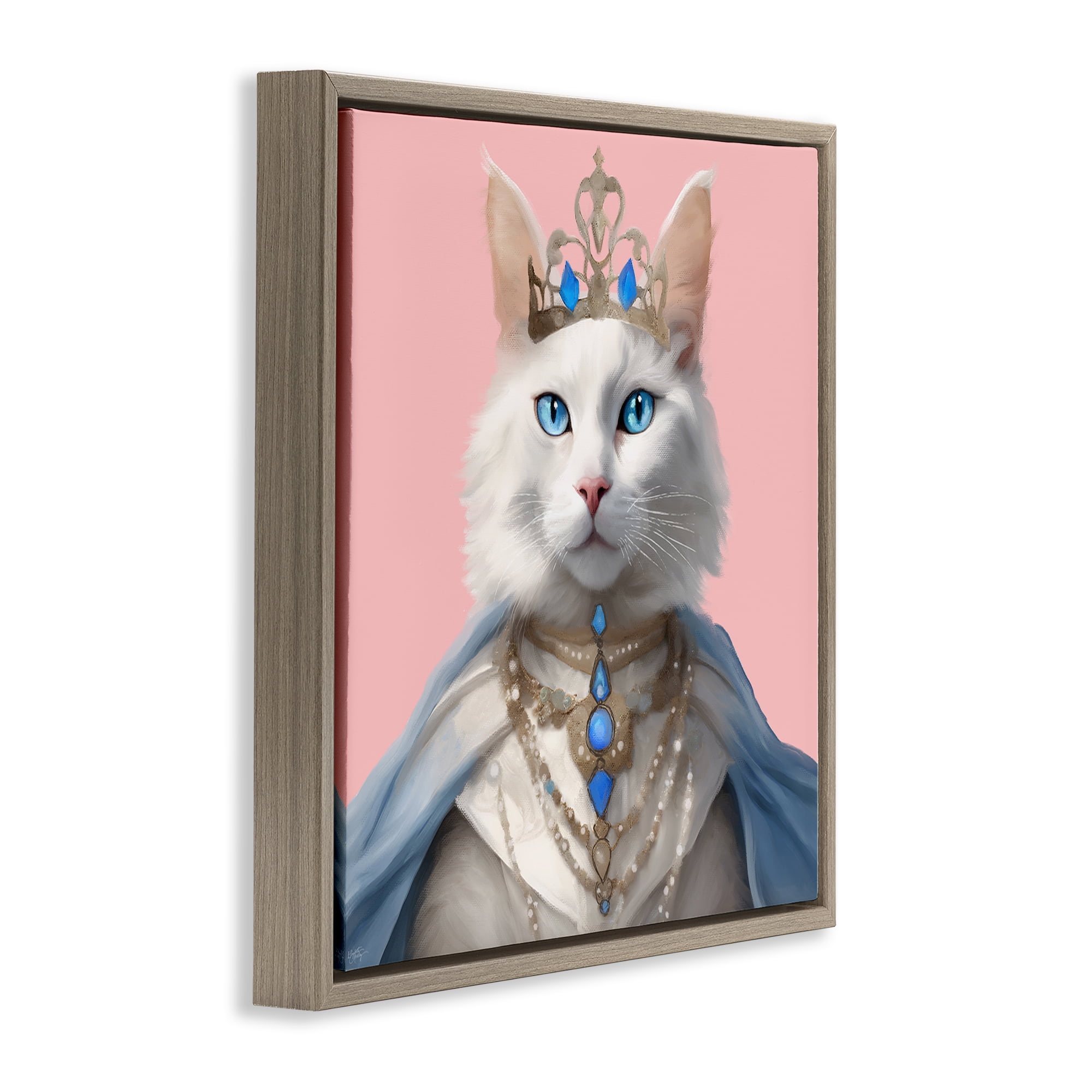 Stupell Industries Feline Princess with Crown Novelty & Humor Painting Brown Floater Framed Canvas Art Print Wall Art, 18 x 18