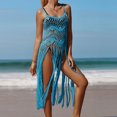 thumbnail image 5 of Cavosen Bathing Suit Cover up for Women Long Knitted Crochet Hollow Out Dress Kimono Tassel Fringe Hem Sleeveless Round Neck Sheer Breathable Side Split Long Sunscreen Solid Kaftan, 5 of 7