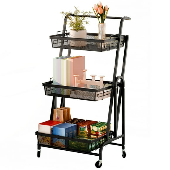 Storage Rack, 3-Tier Foldable Storage Shelves with Casters, Moving Freestanding Metal Storage Shelf with Detachable Mesh Basket, Fruits Vegetables Storage Basket Cart, 90-180 Degree Rotatable
