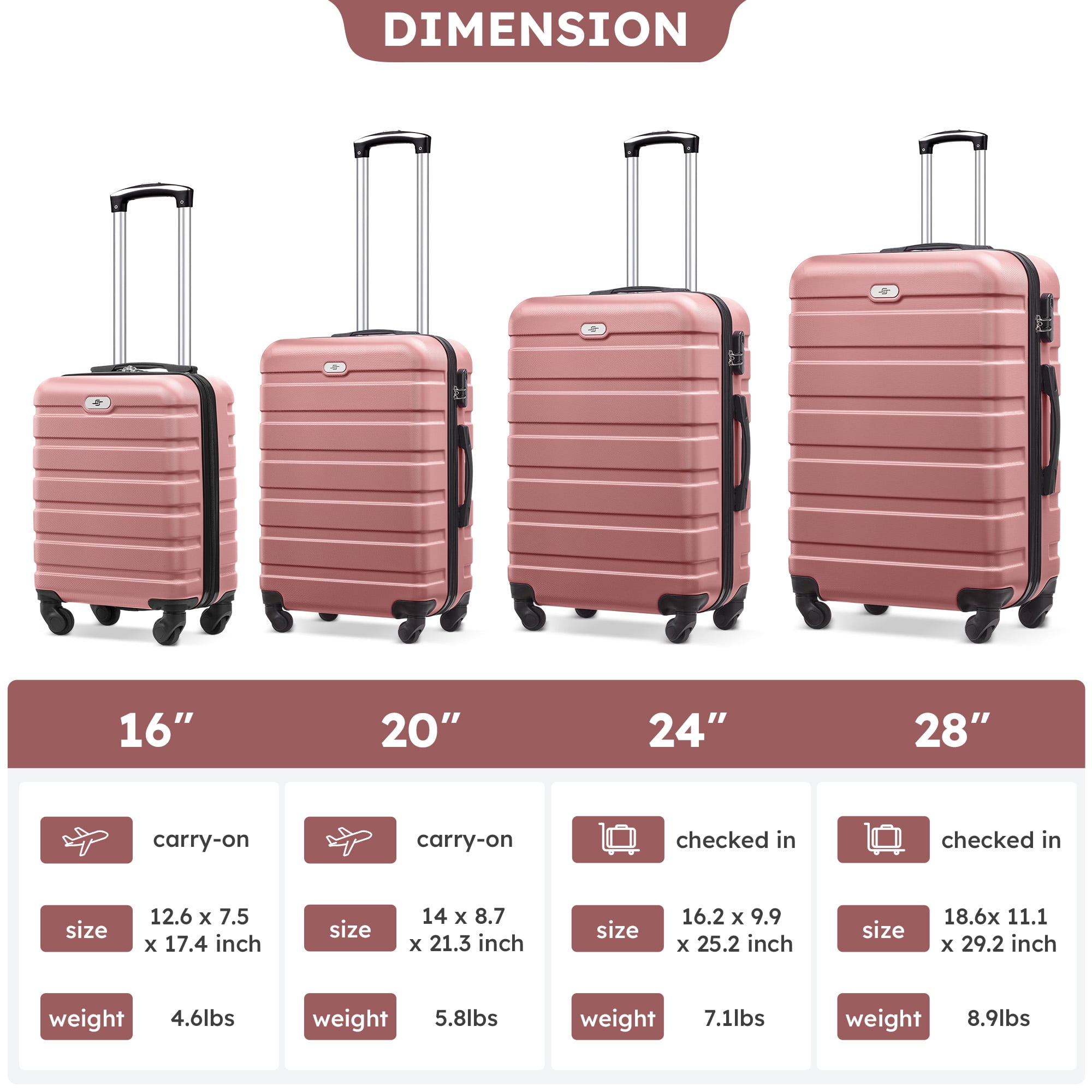 Gowill 4 Piece Luggage Set 16/20/24/28 inch Hardside Lightweight Suitcase with Spinner Wheels (Pink)
