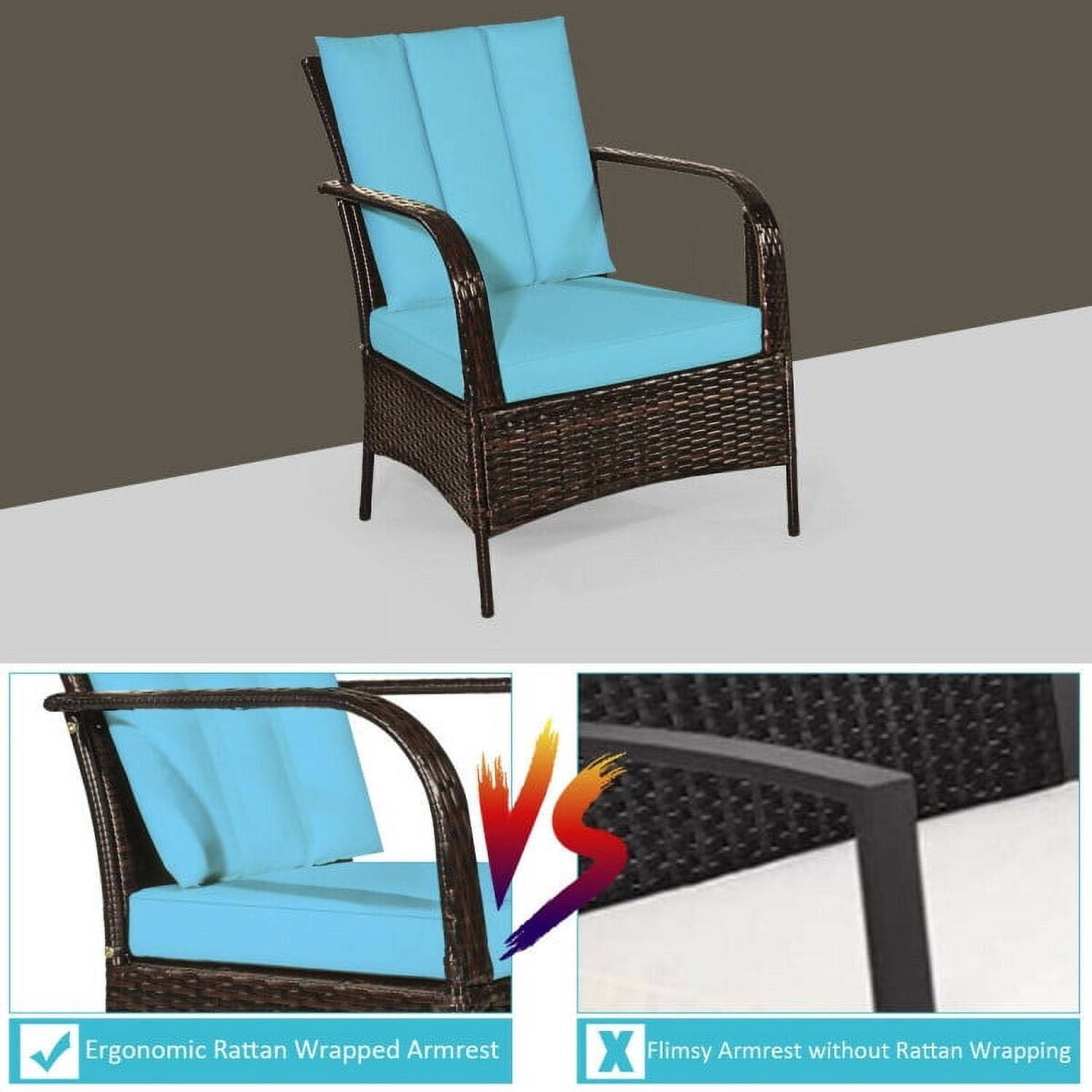 Aimee Lii 3 Pcs Patio Conversation Rattan Furniture Set, Small Patio Set with Glass Top Coffee Table and Cushions, Turquoise