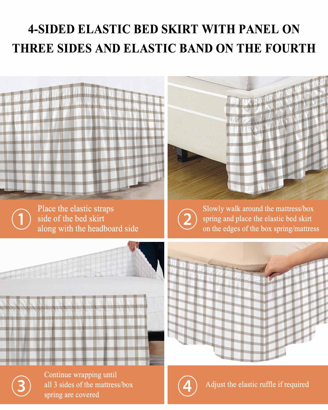 Light Brown Bed Skirt Queen Size 18" Drop Checkered Ruffled Wrap Around Bed Skirts Adjustable Elastic Bedskirt Dust Ruffle for Queen Size Bed