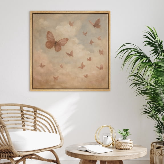 Framed Canvas Print Butterflies Wall Art Sky Landscape Decorative for Living Room Bedroom - 16"x16" NATURAL