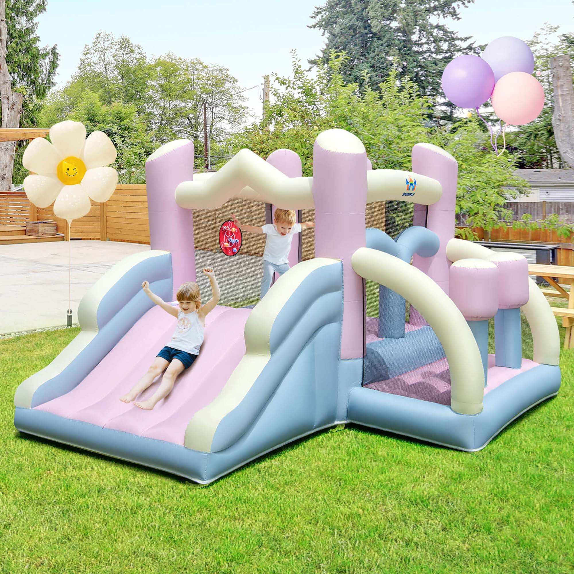 Costway Macron Pastel Bounce House – Slide, Hoop & Blower