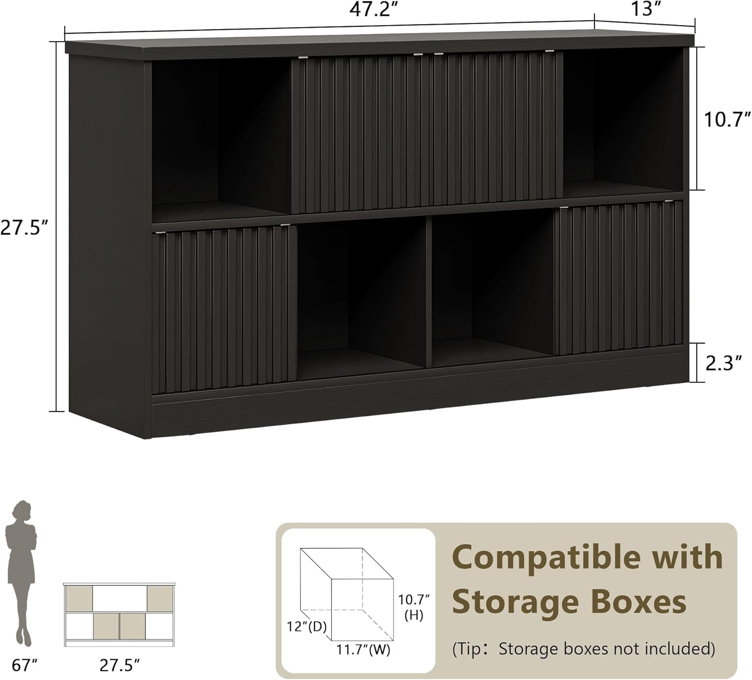 iPormis 8 Cube Bookcase Storage Organizer - 4 Fluted Sliding Doors, 2-Tier Wooden Bookshelf, 47.2" Freestanding Bookcase Shelf for Home/Office,Black