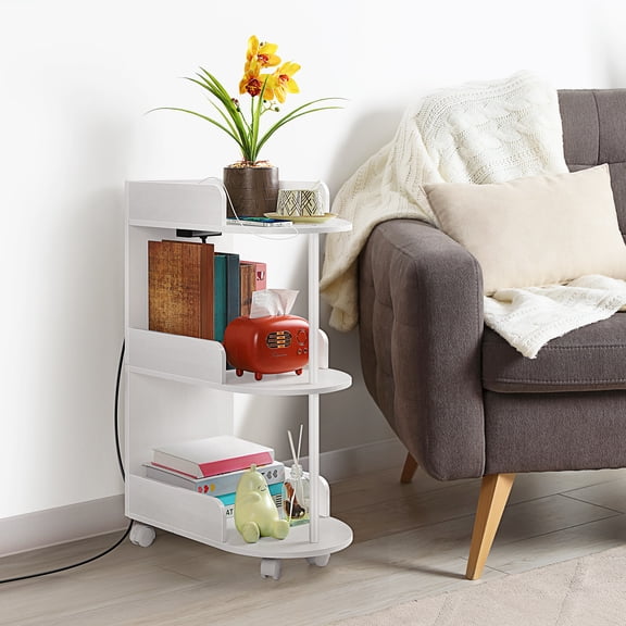White 3-Tier Side Table with Charging Station, Mobile End Table with USB Ports & Locking Wheels for Bedroom, Living Room
