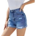 thumbnail image 3 of Pantalones cortos de mezclilla para mujer, elásticos, deshilachados, informales, con bolsillos calientes, cintura media 186-blue8, 3 of 5