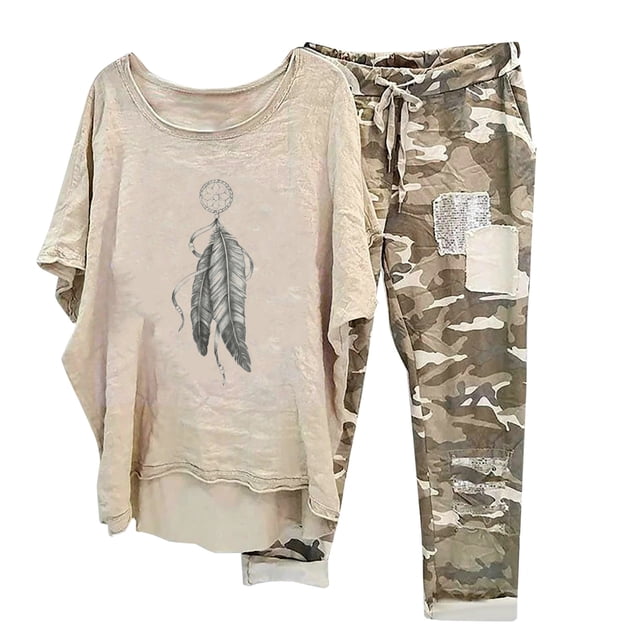 Mikilon Ensemble de Détente Confortable pour Femmes, Tenue d'Intérieur 2 Pcs, Ensemble de Détente Imprimé, Haut à Manches Mi-Longues à Col Rond + Pantalon, Kaki-A S