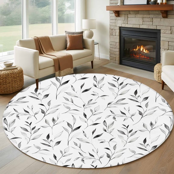 Gray Leaf Round Area Rug 5 FT, Non Slip Bedroom Rugs, Modern Botanical Foliage Plant Country Pastoral Washable Soft Circular Carpet Non-Shedding Floor Mat for Kitchen Dining Room Foyer Balcony Dorm