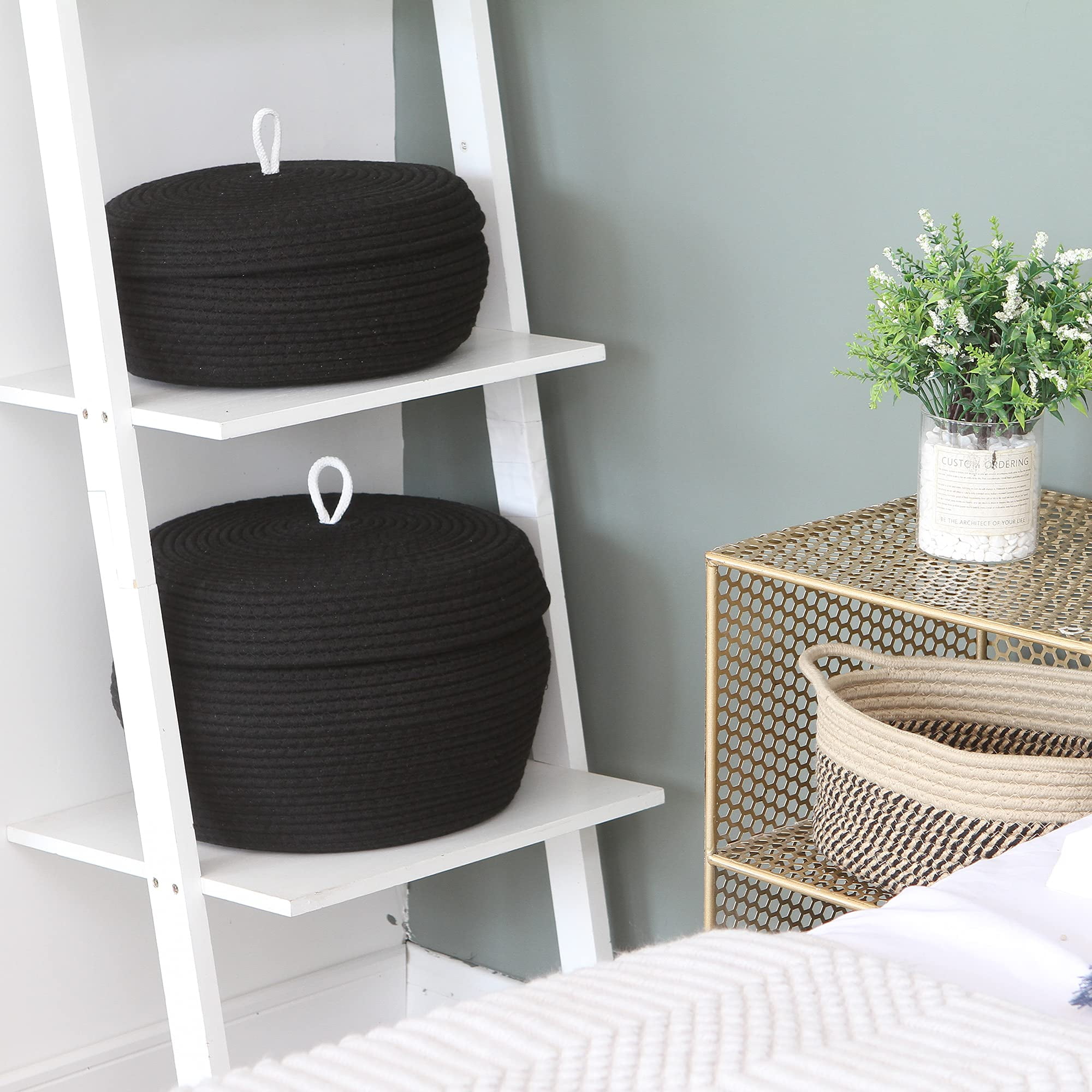 Sea Team Round Cotton Rope Storage Basket with Lid, Decorative Woven Storage Bin, Pot, Caddy, Organizer, Container for Snacks, Towels, Plants, 13 x 9 Inches (Large, Black)