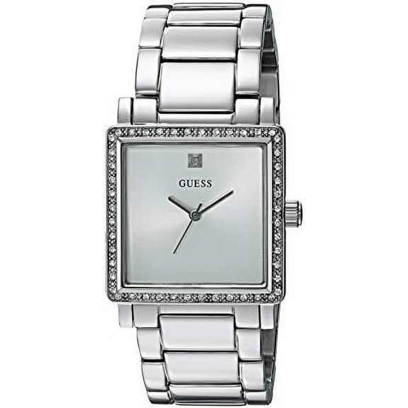 GUESS Women's U0914L1 Dressy Silver-Tone Watch with White Dial , Crystal-Accented Bezel and Stainless Steel Pilot Buckle