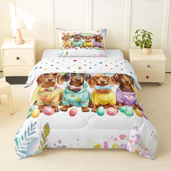 Homewish Dachshunds Dog Twin Comforter Sets,Easter Egg Bedding Set,Rainbow Decor,Polkadot Reversible,2pcs,1 Comforter and 1 Pillowcase