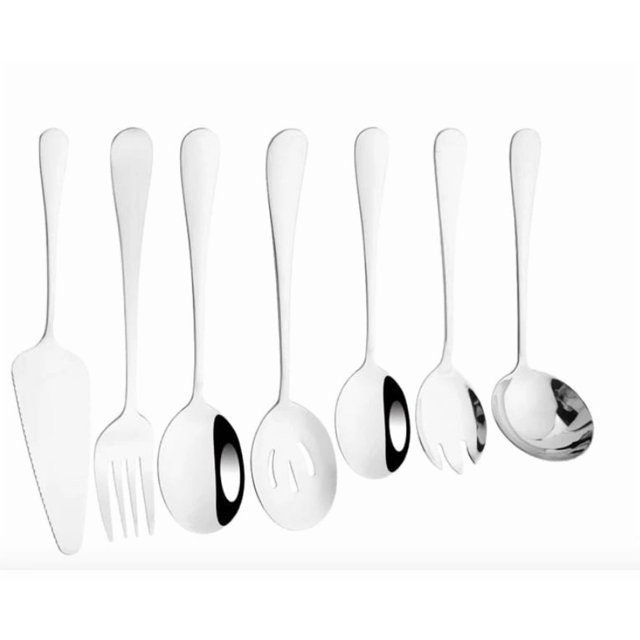 Ensemble d'Ustensiles de Service en Acier Inoxydable 410 Premium 7 Pcs : Cuillère Étanche, Pince à Steak, Fourchette Divisée et Plus - Résistant à la Rouille, Design Élégant pour Repas Décontractés à Fins, Service Argenté Facile à Nettoyer