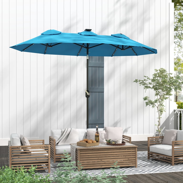 light blue patio umbrella with lights Best Choice Products 10ft 3-Tier Solar w/ 24 LED Lights, Tilt Adjustment, Easy Crank Our umbrella made of polyester fiber which waterproof UV resistant Scafild | 7.5 ft Solar