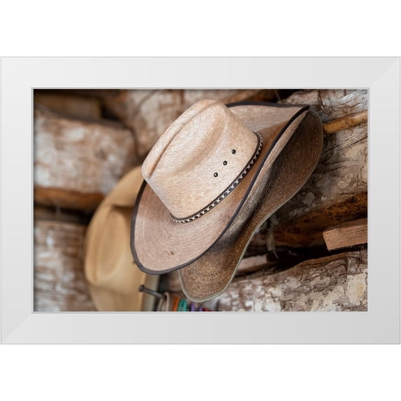 Hopkins, Cindy Miller 14x11 White Modern Wood Framed Museum Art Print Titled - USA-Colorado-Westcliffe Music Meadows Ranch Tack room-cowboy hat detail