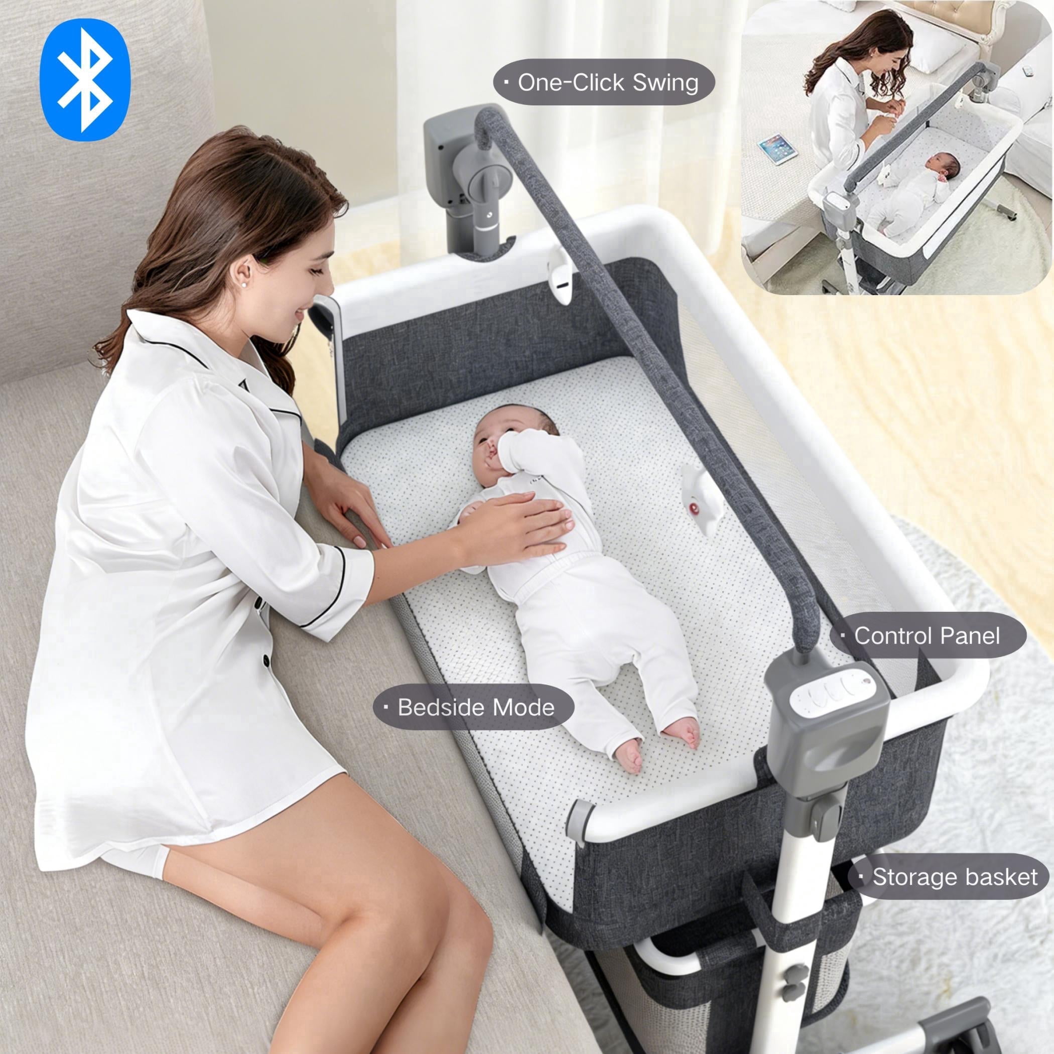 Electric Baby Crib Convertible Crib with Bluetooth Music Speaker, Bedside Sleeper for Infants to Toddlers, Unisex, Grey(28lb)