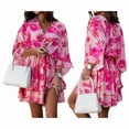 thumbnail image 4 of Women'S V-Neck Fashion Print Wavy Sleeve Skirt Dress Summer Spring Floral Boho Dress Red L, 4 of 7