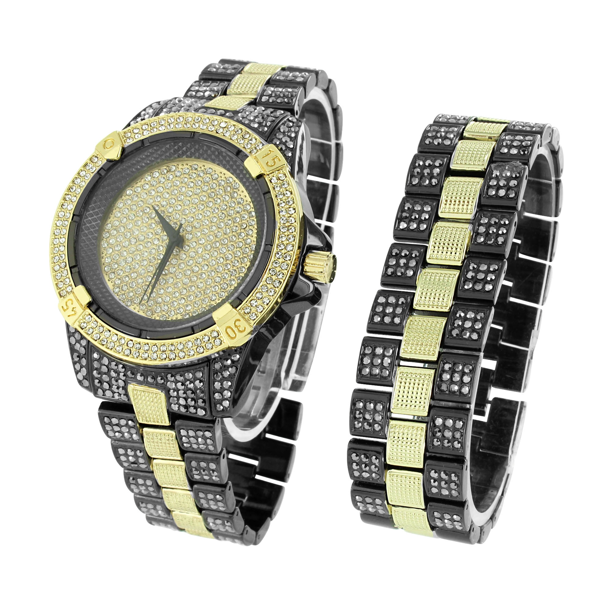 Master Of Bling - Black & Gold Tone Mens Watch Bracelet Set Stainless