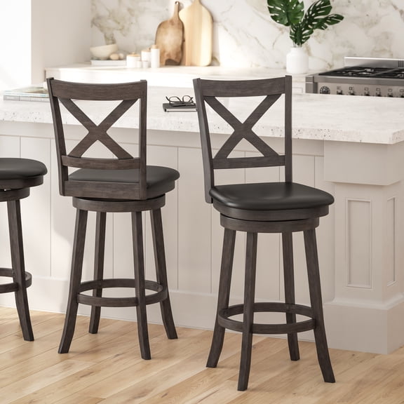 Merrick Lane 30" Gray Wash Walnut Classic Wooden Crossback Swivel Bar Height Pub Stool with Black Faux Leather Padded Seat and Integrated Footrest