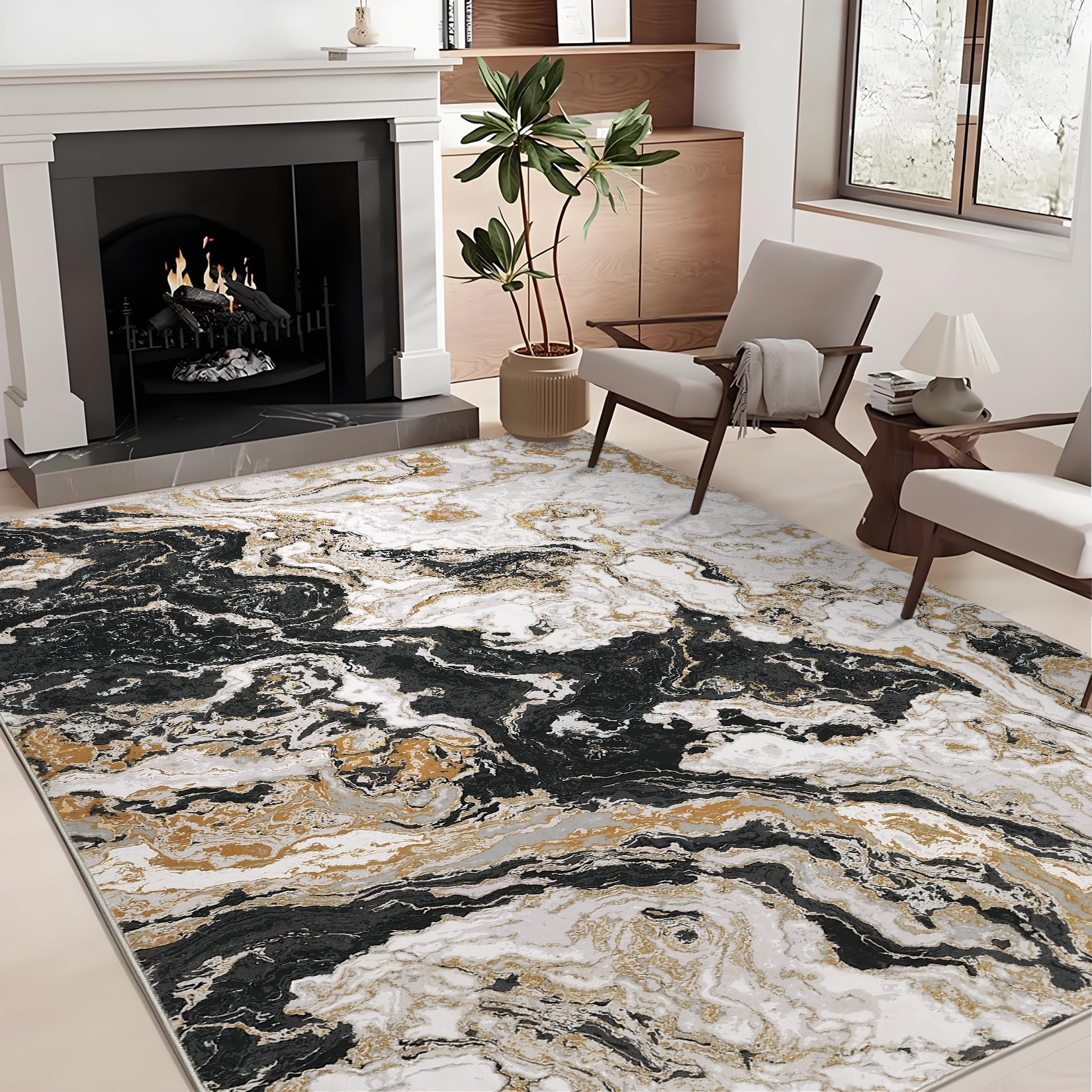 Modern Abstract Marble Print Area Rug 4' x 6'– Soft, Washable, Non-Slip & Non-Shedding(Black)