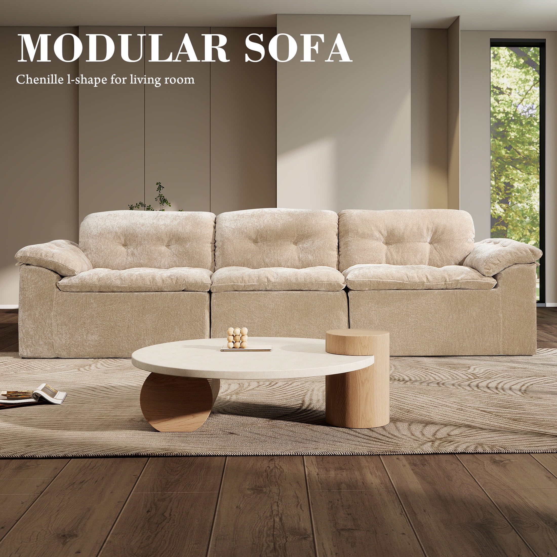 Aukfa 3-Piece Cloud Modular Sectional Sofa for Living Room, Ice Flower Chenille, Tan